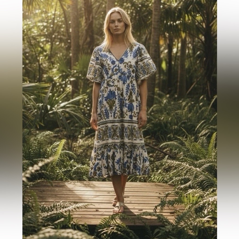 New Fig + Flower Linen Blend Floral Paisley Tiered Puff Sleeve Dress NWT Small